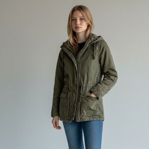 Prince & Fox Olive Green Utility Jacket XS Hooded Anorak Military Style Quilted